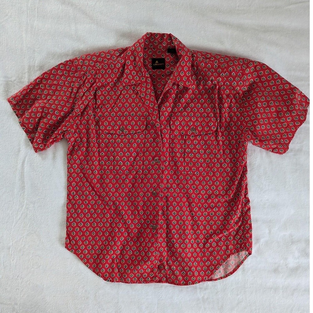 Vtg Button Up Shirt Red Floral Geometric Short Sleeve Removable Shoulder Pads